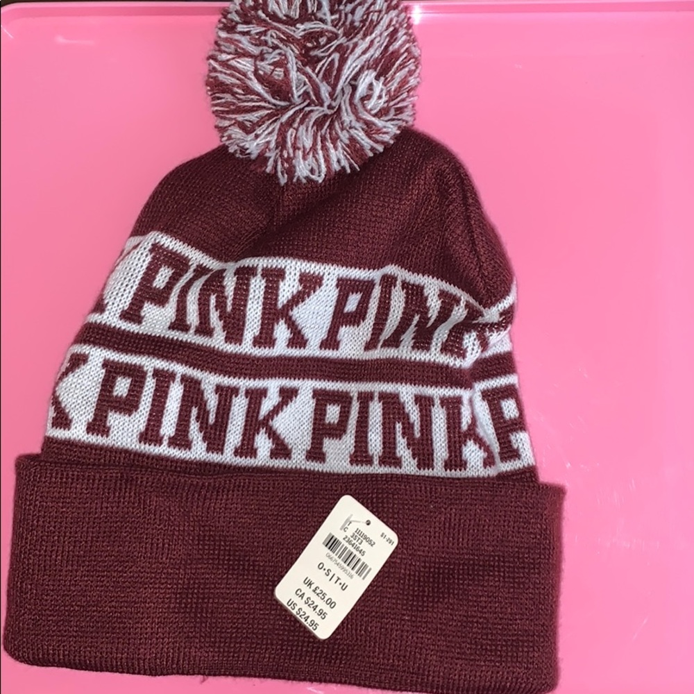 Burgundy and white beanie hat